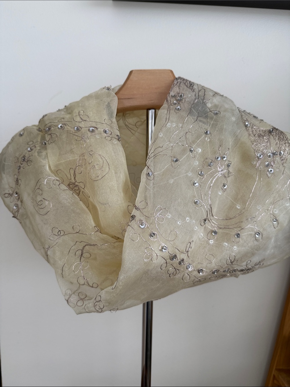 Embellished Cream Organza Scarf with Silver Accents